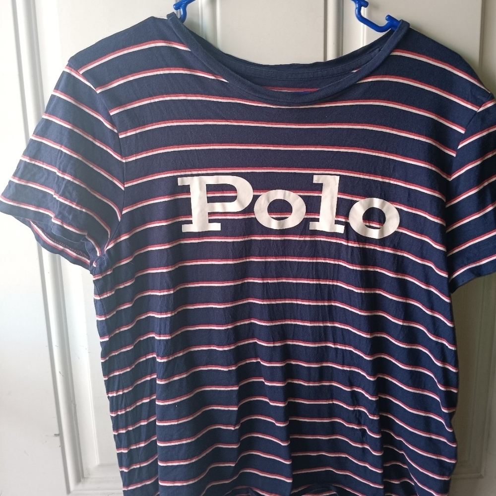 Polo by Ralph Lauren Cropped Navy Tee with White & Red Stripes